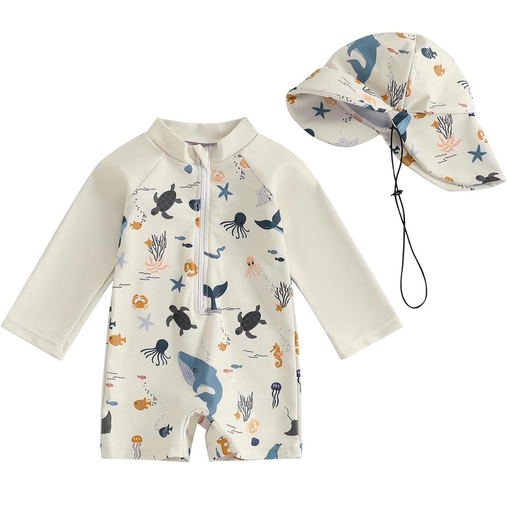 Kids Swimwear Set with Hat - Cream and Blue